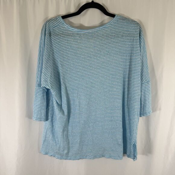 Chico's 100% Linen Blouse Women's 2 Large Blue White Striped Vneck 1/2 Sleeve - Picture 7 of 9